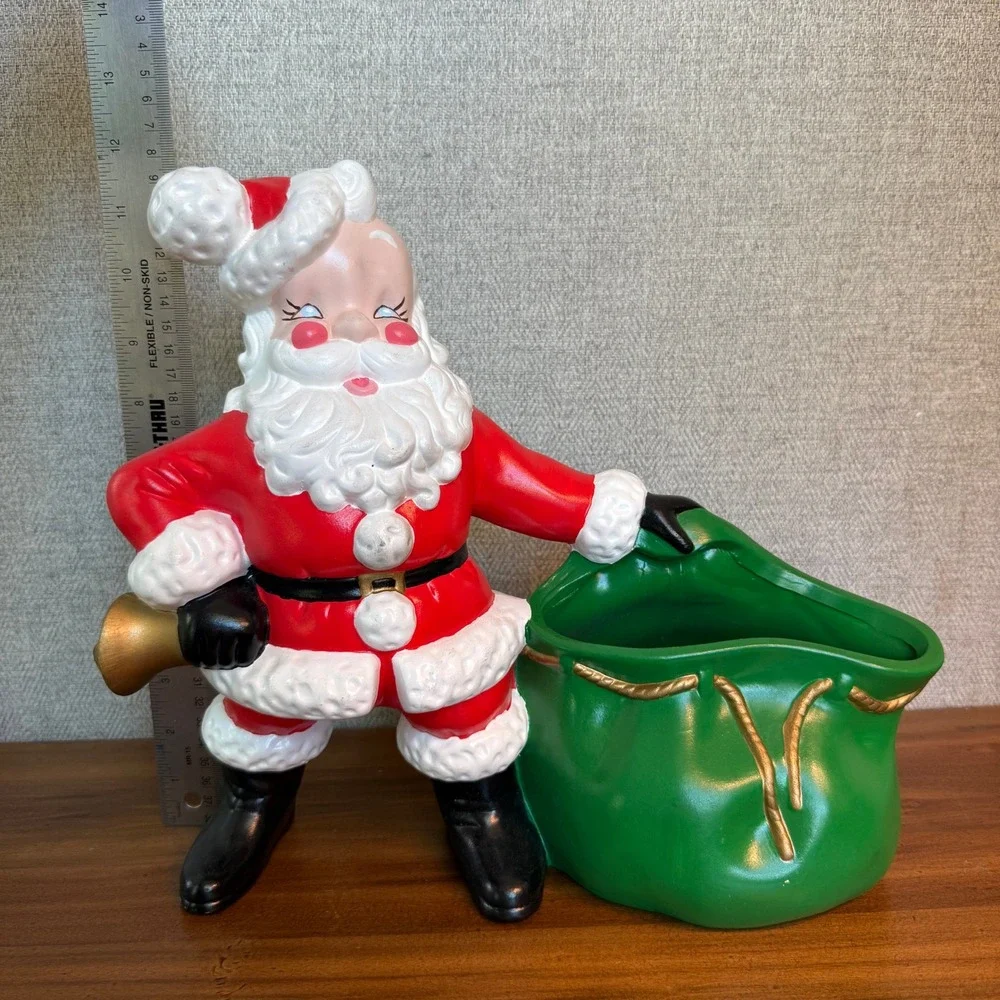 Vintage 1981 Ceramic Musical Santa Claus Figurine‎ Green Toy Bag Planter Dish
